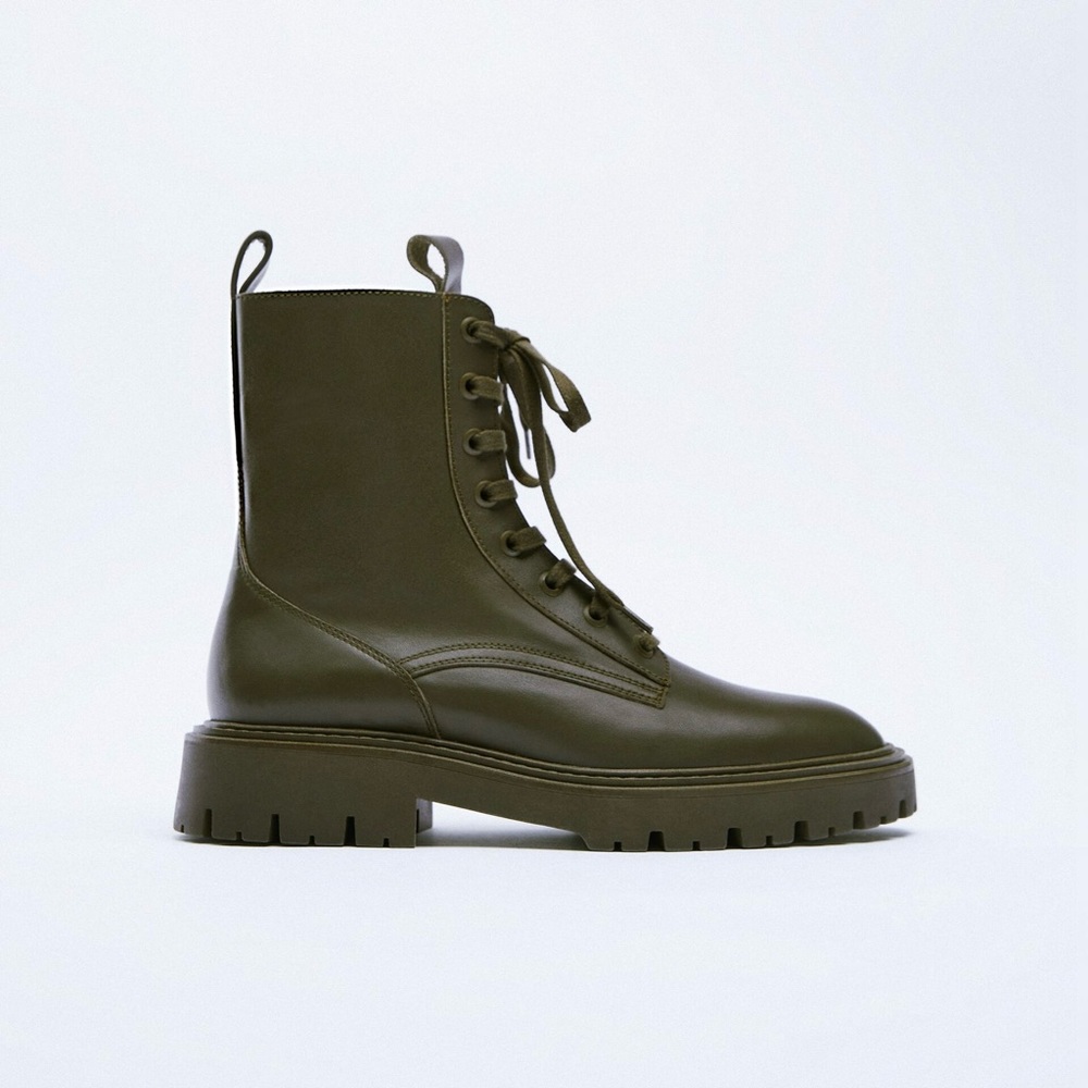 Zara green LEATHER LACE-UP FLAT
ANKLE BOOTS - Picture 4 of 12